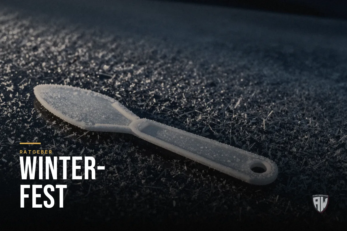 Symbolbild: Eiskratzer auf einer mit Raureif überzogenen Scheibe im Morgenlicht – Titelbild mit dem Schriftzug „Winterfest“