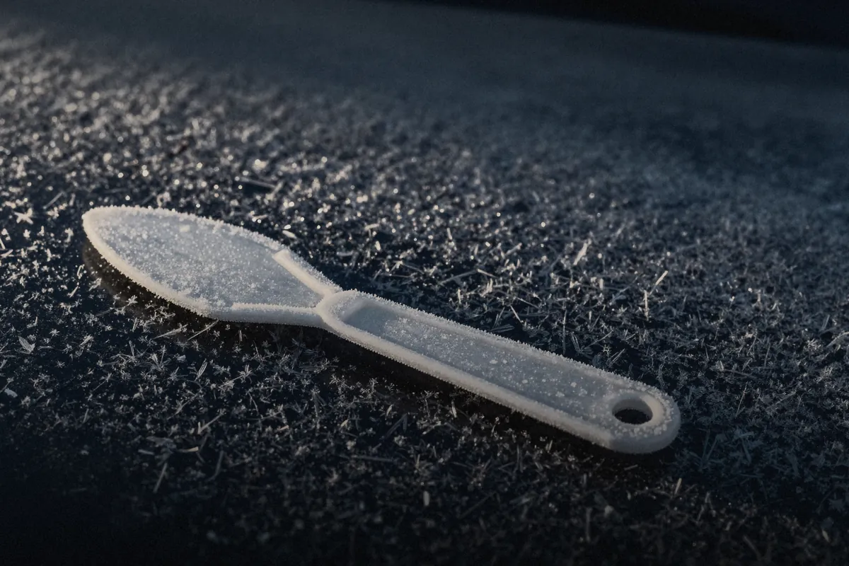 Symbolbild: Eiskratzer auf einer mit Raureif überzogenen Scheibe im Morgenlicht