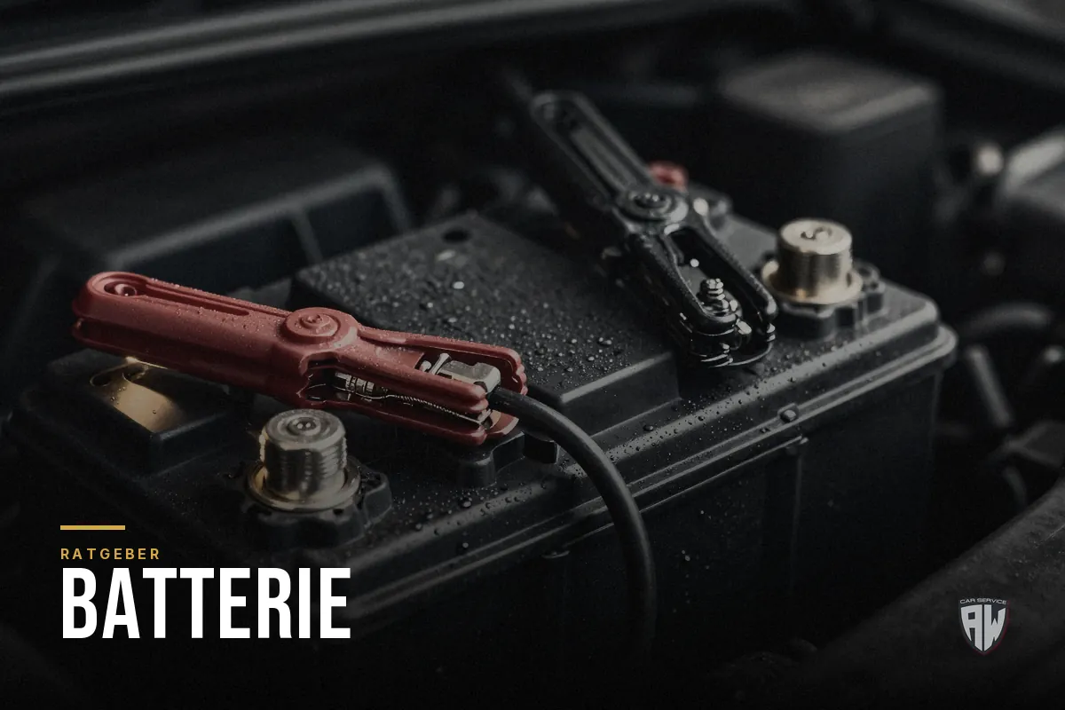 Symbolbild: Autobatterie im Motorraum mit roter und schwarzer Polzange – Titelbild mit dem Schriftzug „Batterie“