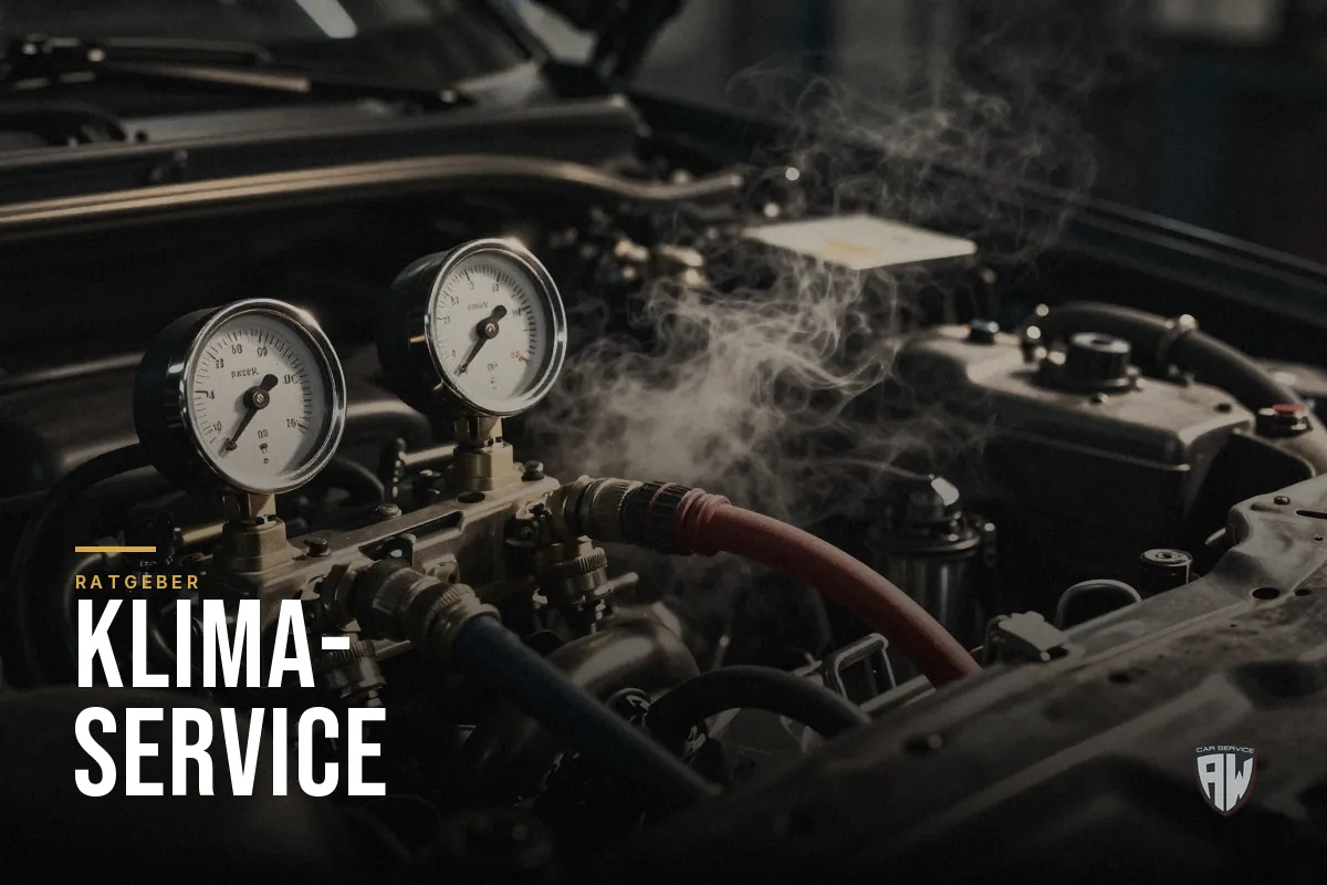 Symbolbild: Klimaservicegerät mit Manometern und Schläuchen am Motorraum, kalter Nebel – Titelbild mit dem Schriftzug „Klimaservice“
