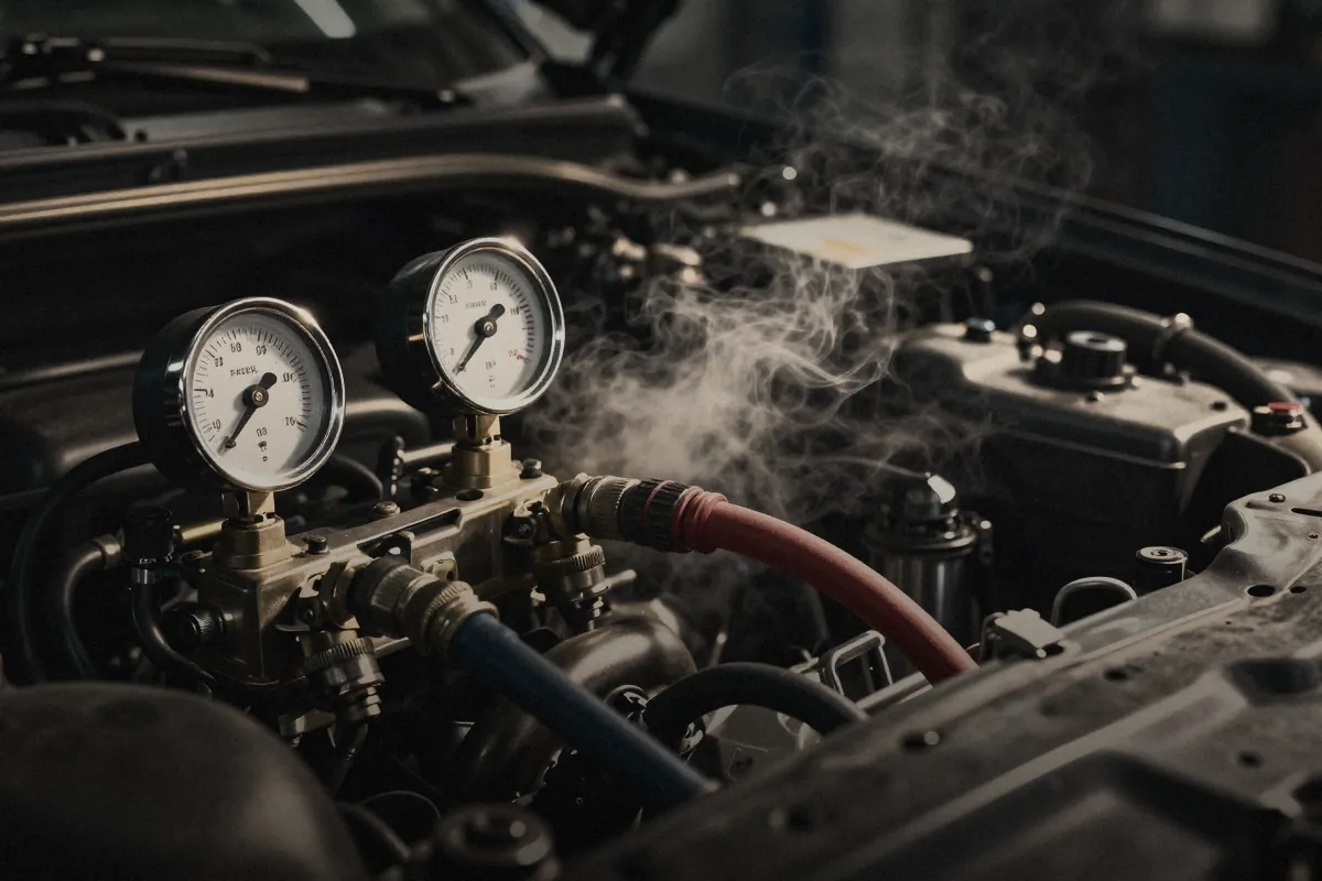 Symbolbild: Klimaservicegerät mit Manometern und Schläuchen am Motorraum, kalter Nebel