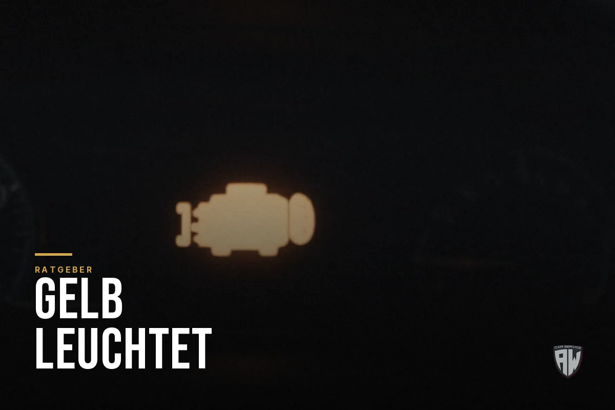 Symbolbild: orange leuchtende Motorkontrollleuchte in einem dunklen Kombiinstrument – Titelbild mit dem Schriftzug „Gelb leuchtet“