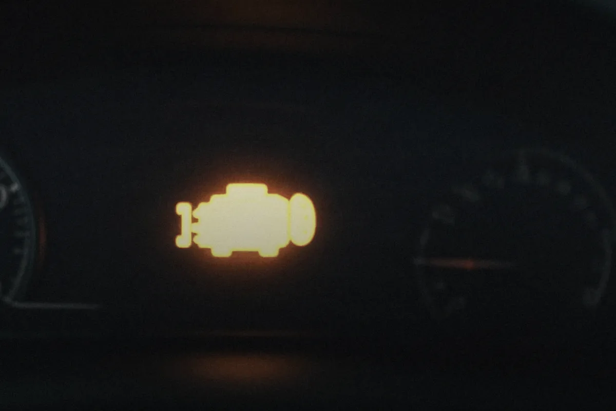 Symbolbild: orange leuchtende Motorkontrollleuchte in einem dunklen Kombiinstrument