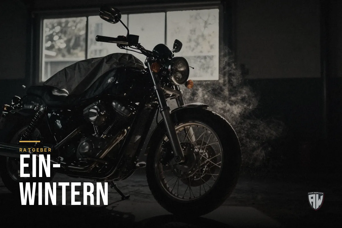 Symbolbild: Motorrad unter halb übergezogener Abdeckung in einer dunklen Garage – Titelbild mit dem Schriftzug „Einwintern“
