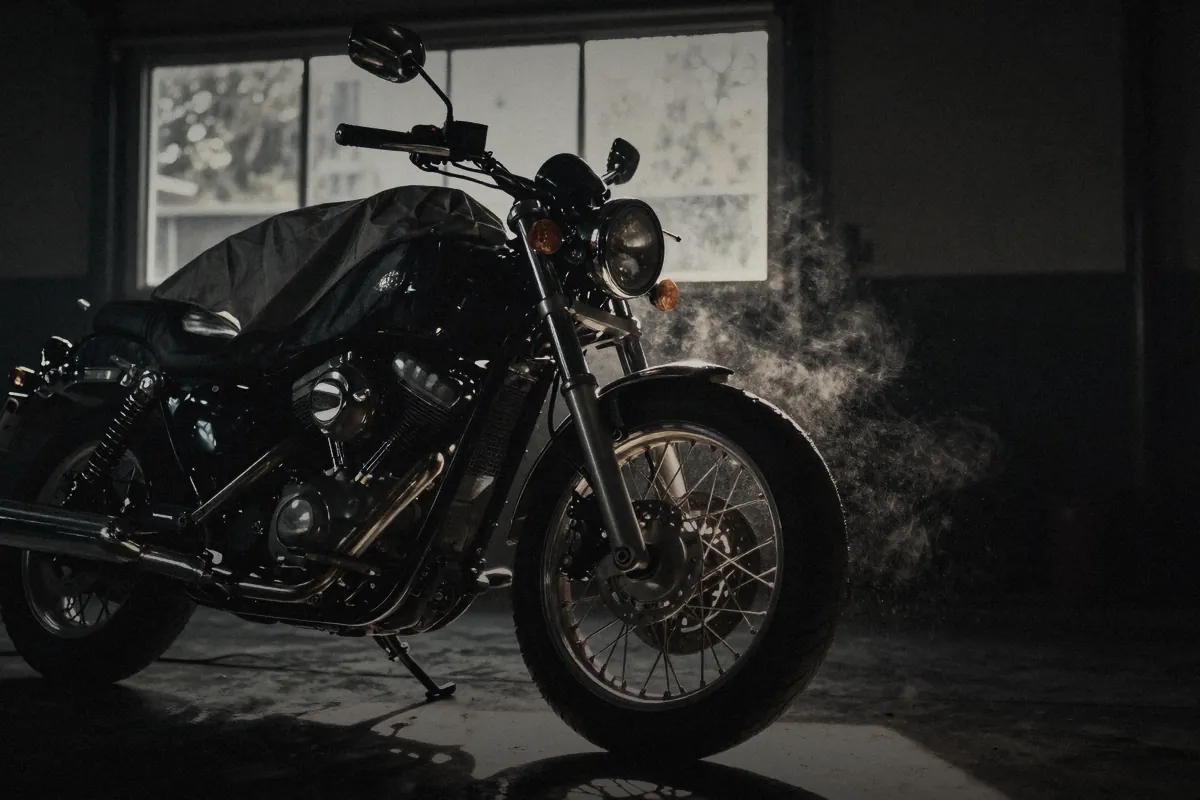 Symbolbild: Motorrad unter halb übergezogener Abdeckung in einer dunklen Garage