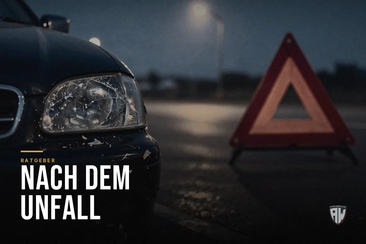 Symbolbild: beschädigte Fahrzeugfront mit Warndreieck auf nasser Straße in der Dämmerung – Titelbild mit dem Schriftzug „Nach dem Unfall“